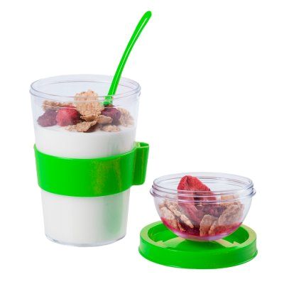 Контейнер для еды YOPLAT с ложкой, зеленый, 420 мл, 16,3х9см, пластик
